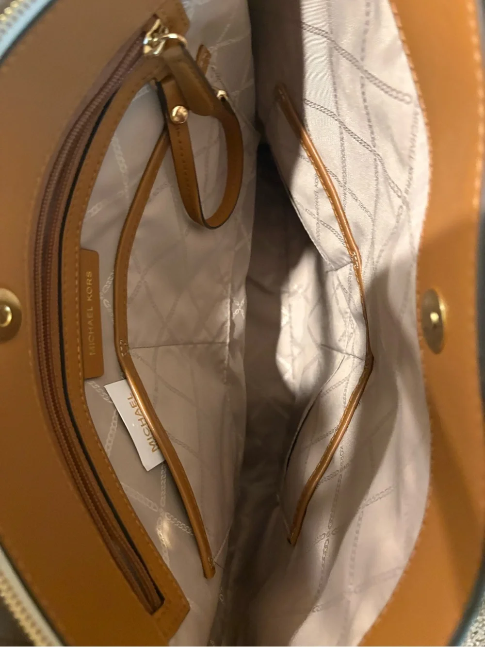 Michael Kors Voyager Logo Tote with Brown Trim and Gold Hardware with Wallet.